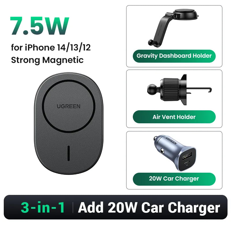 UGREEN Magnetic Wireless Car Charger Adsorbable For iPhone 15 14 13 12 Pro Max Phone Holder Mount Wireless Charging Car Charger