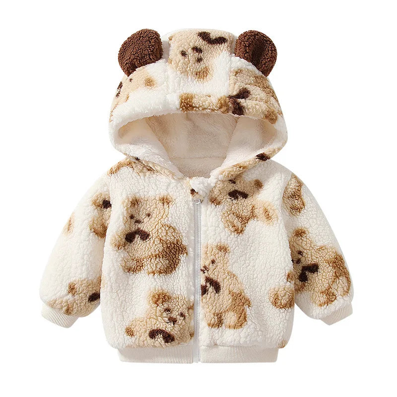 Winter Newborn Plush Thick Jacket Soft Bear Cartoon Hooded Casual Coat Fashion Baby Girl Boy Clothing Zipper Infant Toddler Tops