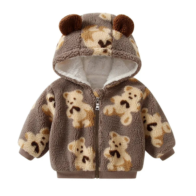 Winter Newborn Plush Thick Jacket Soft Bear Cartoon Hooded Casual Coat Fashion Baby Girl Boy Clothing Zipper Infant Toddler Tops