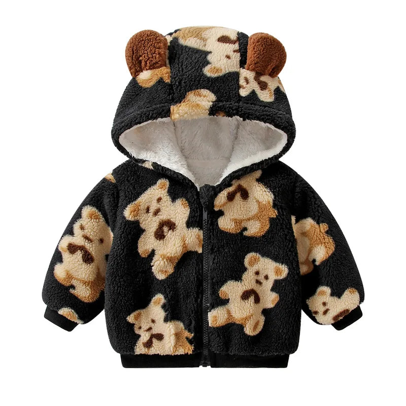 Winter Newborn Plush Thick Jacket Soft Bear Cartoon Hooded Casual Coat Fashion Baby Girl Boy Clothing Zipper Infant Toddler Tops