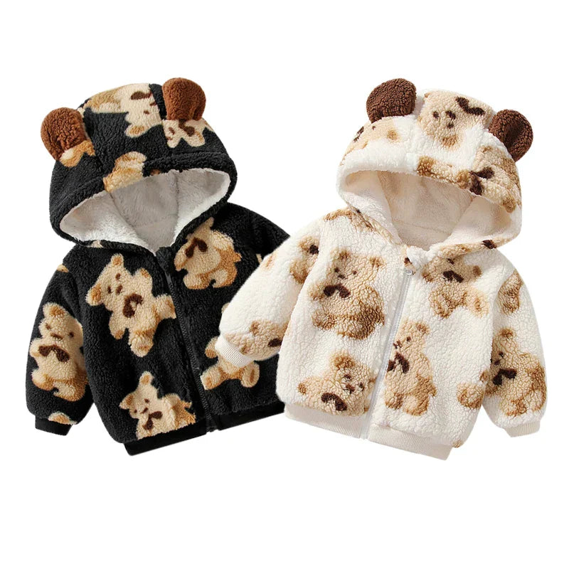 Winter Newborn Plush Thick Jacket Soft Bear Cartoon Hooded Casual Coat Fashion Baby Girl Boy Clothing Zipper Infant Toddler Tops