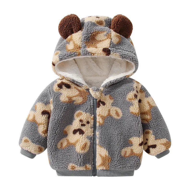 Winter Newborn Plush Thick Jacket Soft Bear Cartoon Hooded Casual Coat Fashion Baby Girl Boy Clothing Zipper Infant Toddler Tops