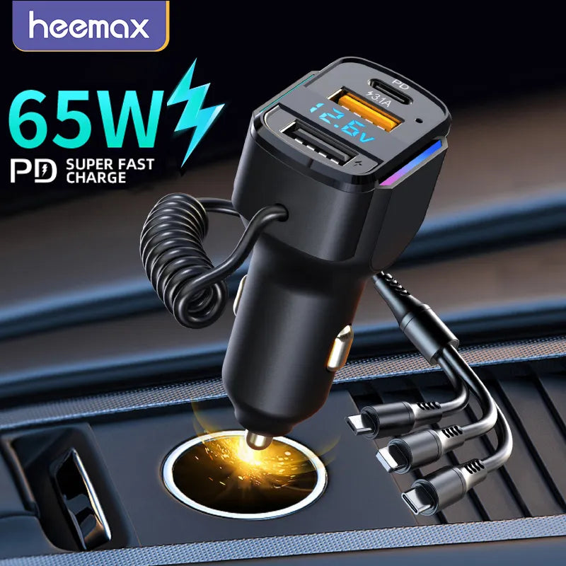 3 IN 1 PD65W USB Car Charger 1.2m Spring Cable Fast Charging for Samsung S23 S22 Xiaomi iPhone 15 14 13 Pro max Phone Charger