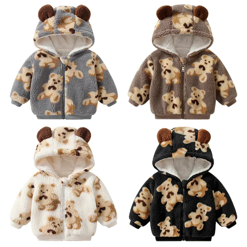 Winter Newborn Plush Thick Jacket Soft Bear Cartoon Hooded Casual Coat Fashion Baby Girl Boy Clothing Zipper Infant Toddler Tops