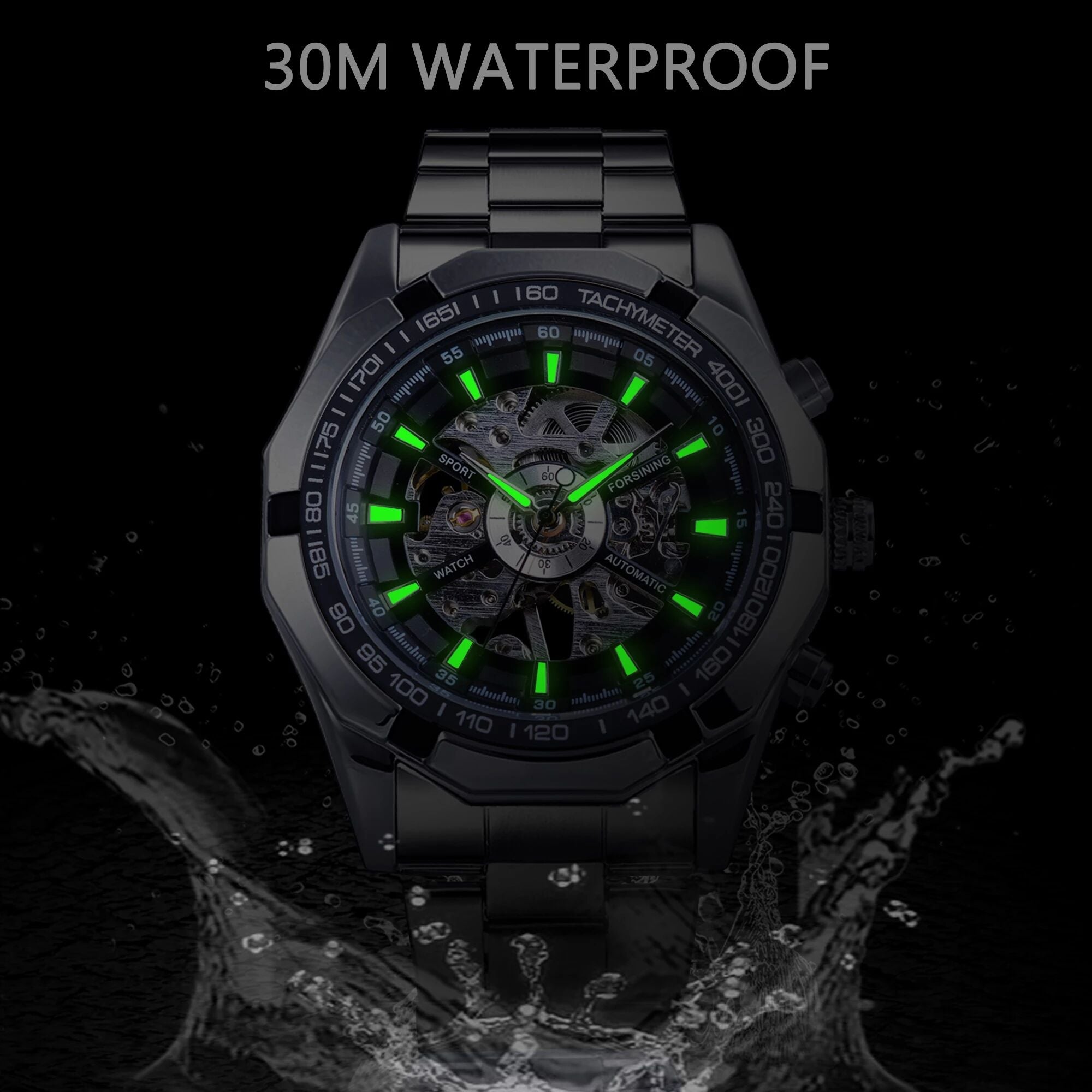 Stainless Steel Waterproof Mens Skeleton Watches Top Brand Luxury Transparent Mechanical Sport