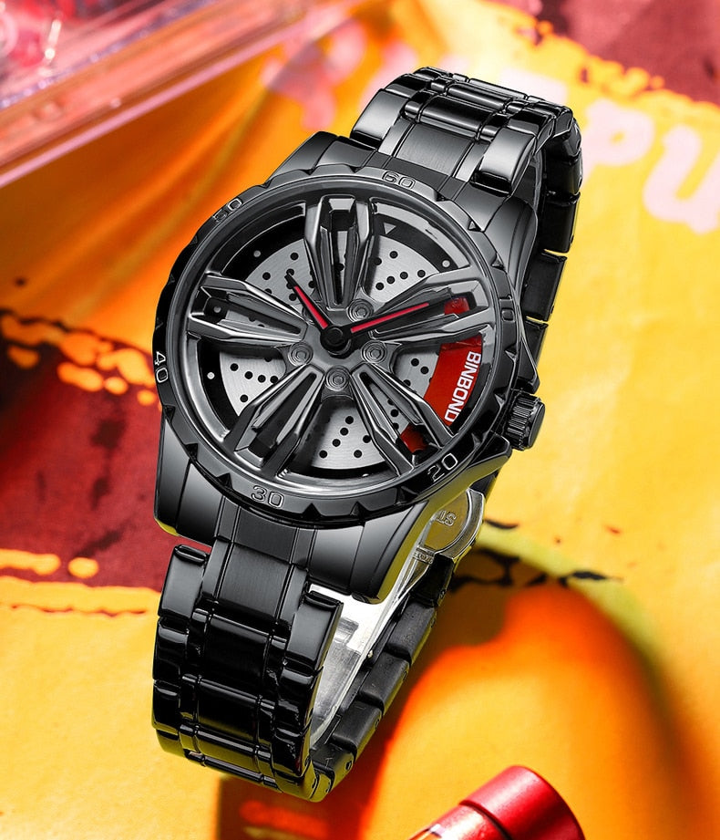 Men's watches car wheel, waterproof, sport, stainless steel.