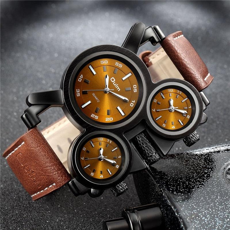 New Punk Style Watches for Men - Retro, Unique, 3 Time Zones, Leather Strap, Military Watch.