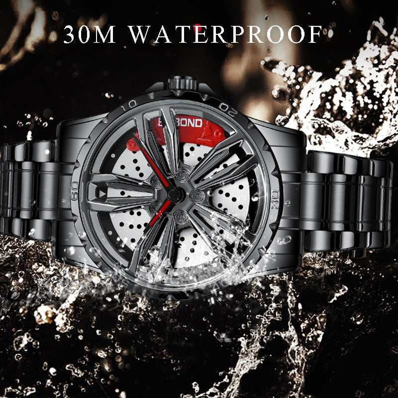 Men's watches car wheel, waterproof, sport, stainless steel.