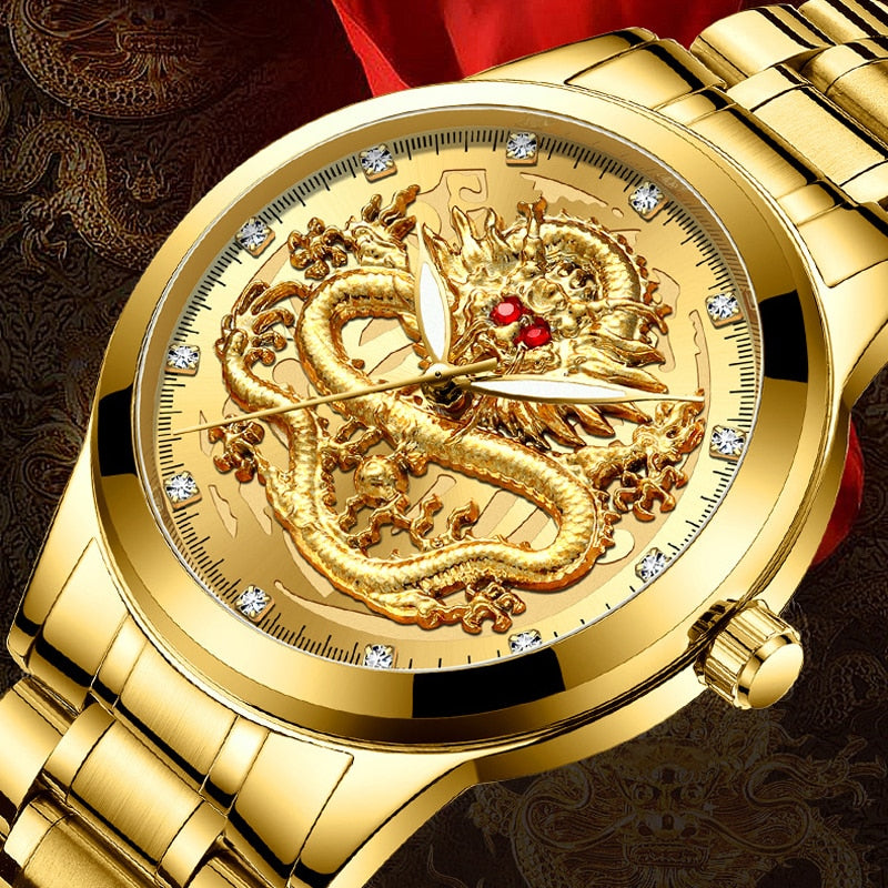 Chinese Dragon Golden Men's Watch, Business, Full Steel, Quartz.