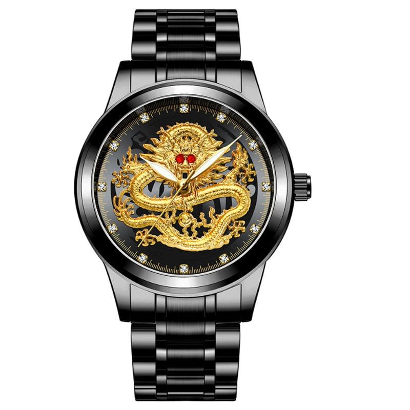 Chinese Dragon Golden Men's Watch, Business, Full Steel, Quartz.