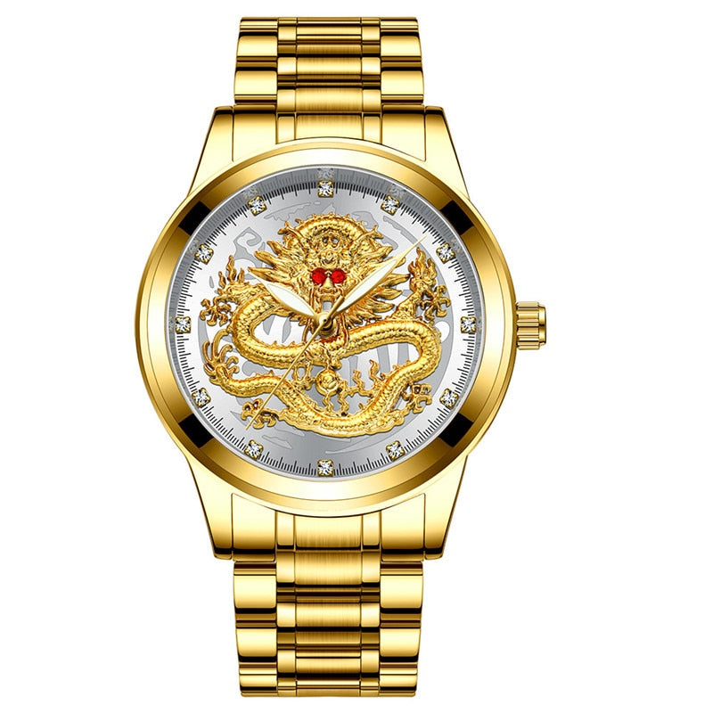 Chinese Dragon Golden Men's Watch, Business, Full Steel, Quartz.