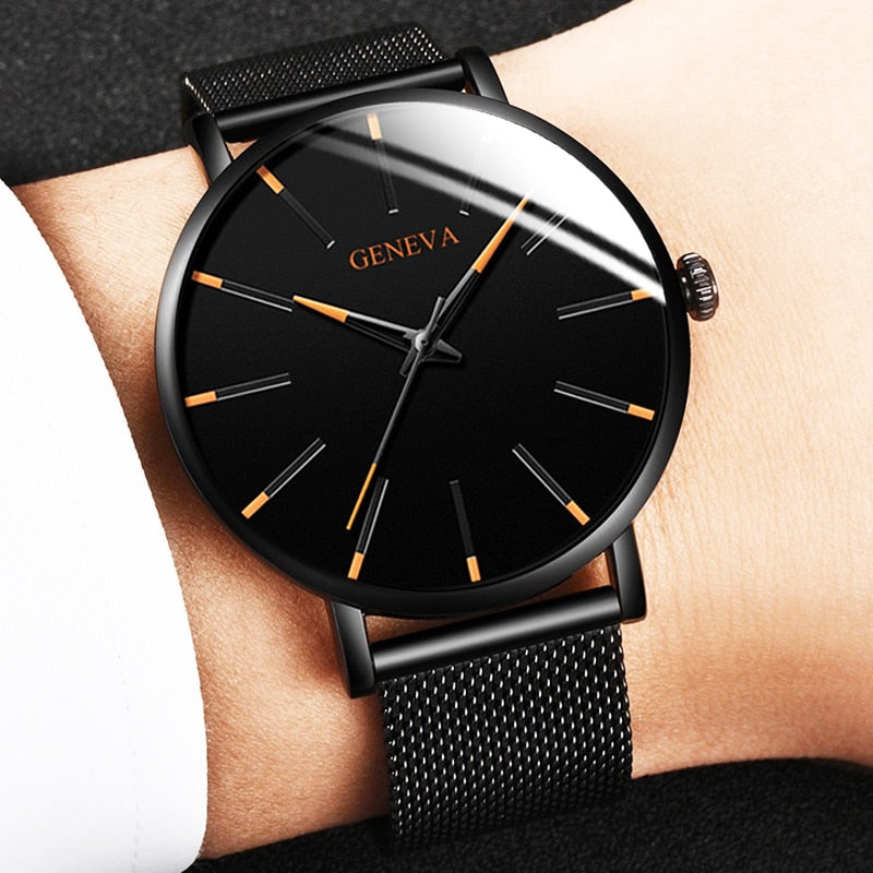 Fashion Ultra-Thin Men's Watch, Simple, Stainless Steel Mesh Band, Quartz Watch.