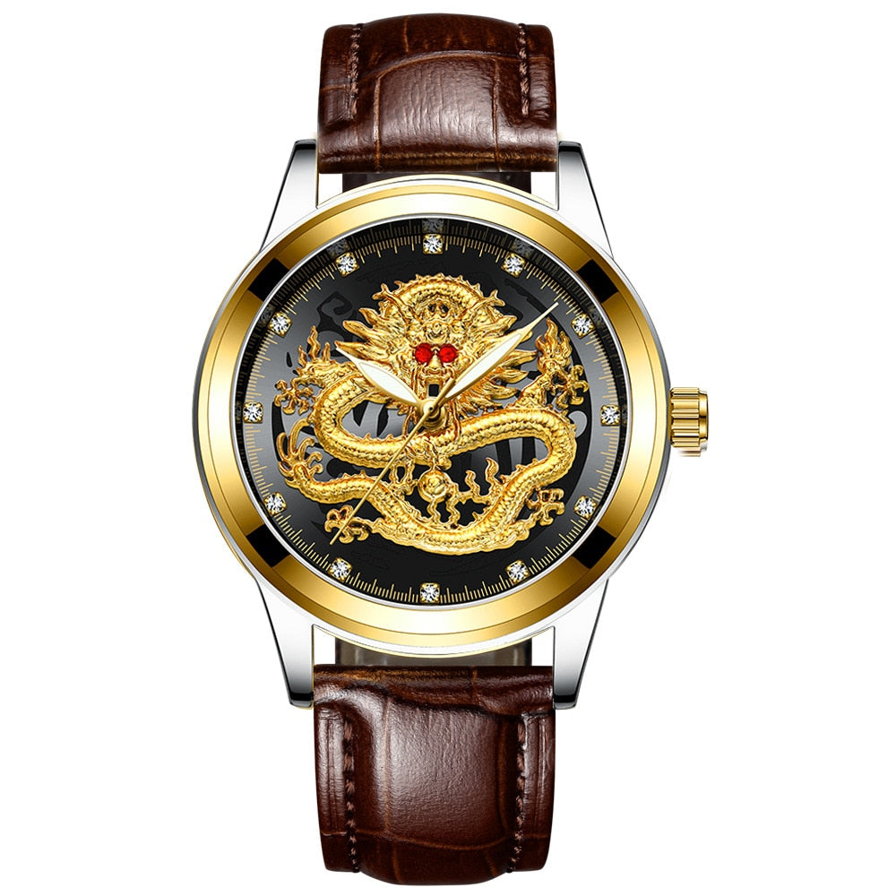 Chinese Dragon Golden Men's Watch, Business, Full Steel, Quartz.