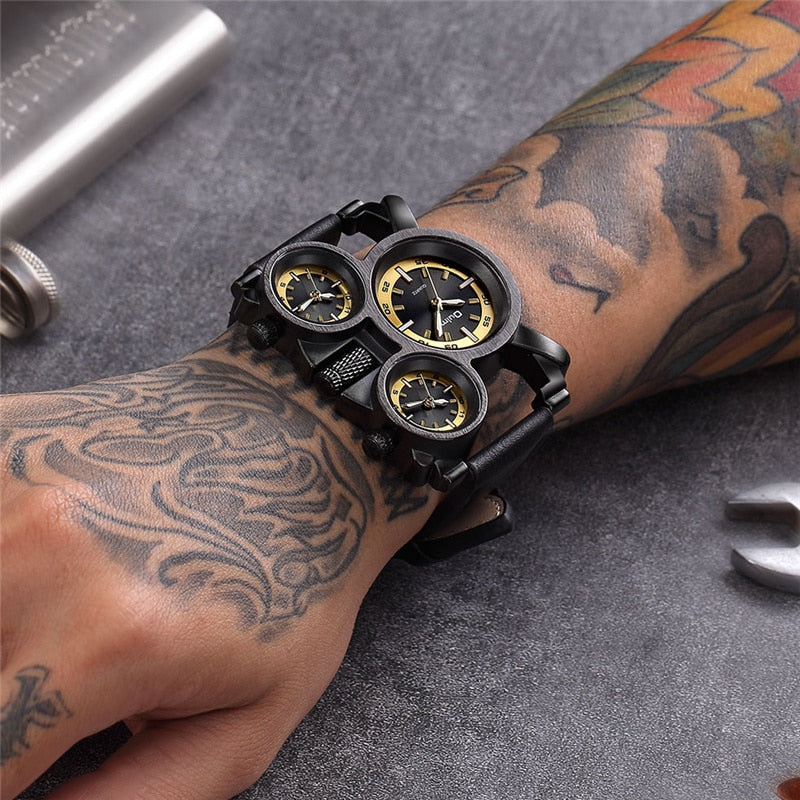 New Punk Style Watches for Men - Retro, Unique, 3 Time Zones, Leather Strap, Military Watch.