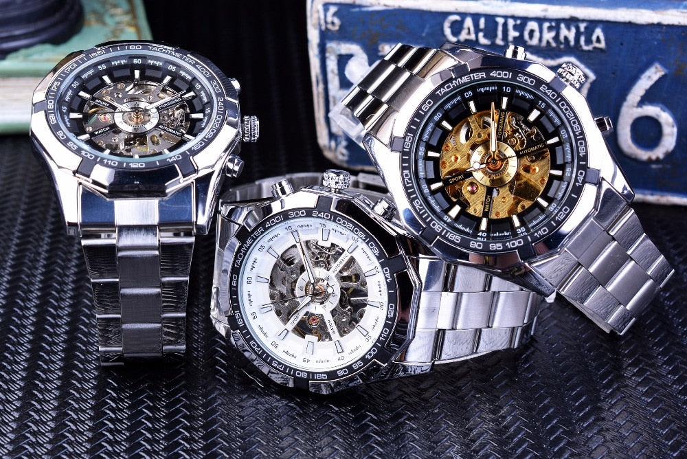 Stainless Steel Waterproof Mens Skeleton Watches Top Brand Luxury Transparent Mechanical Sport