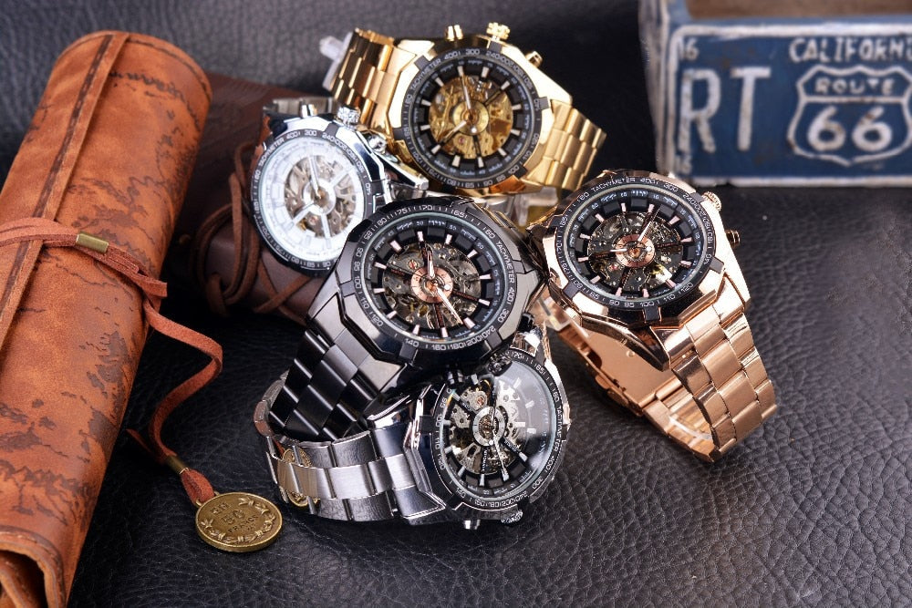 Stainless Steel Waterproof Mens Skeleton Watches Top Brand Luxury Transparent Mechanical Sport