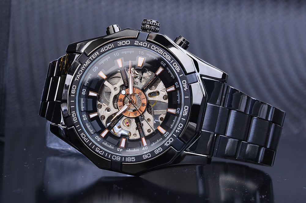 Stainless Steel Waterproof Mens Skeleton Watches Top Brand Luxury Transparent Mechanical Sport