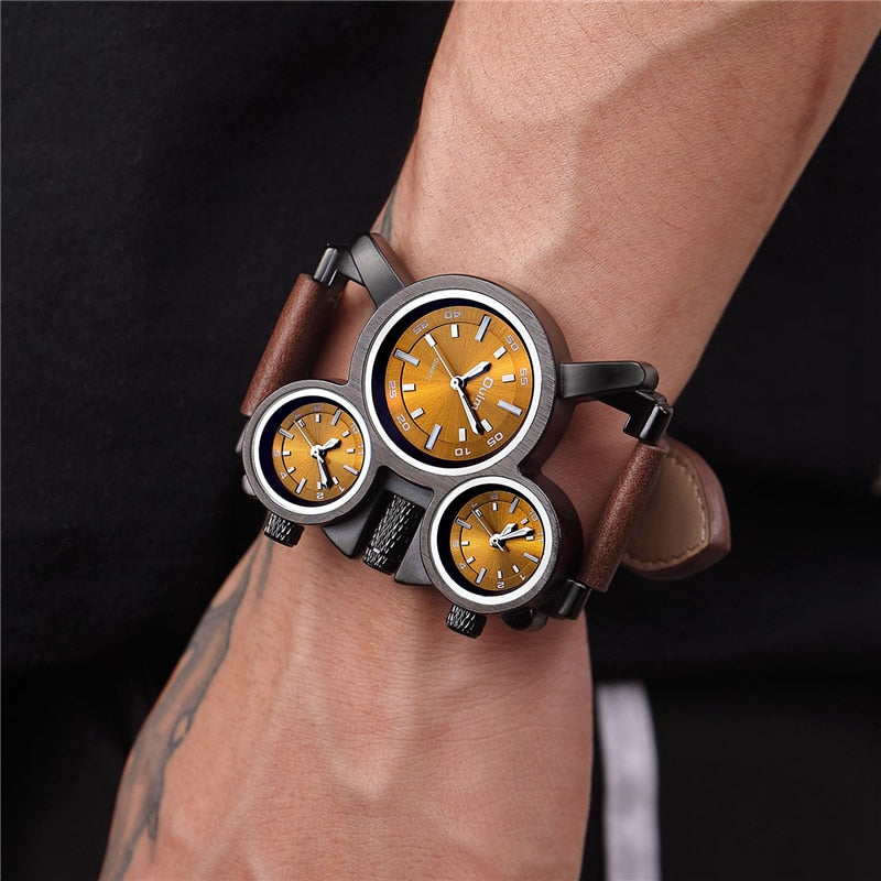 New Punk Style Watches for Men - Retro, Unique, 3 Time Zones, Leather Strap, Military Watch.