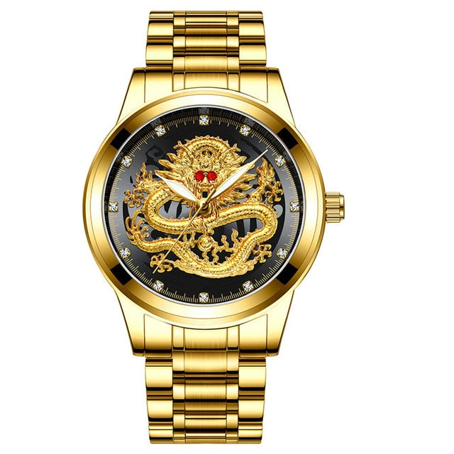 Chinese Dragon Golden Men's Watch, Business, Full Steel, Quartz.