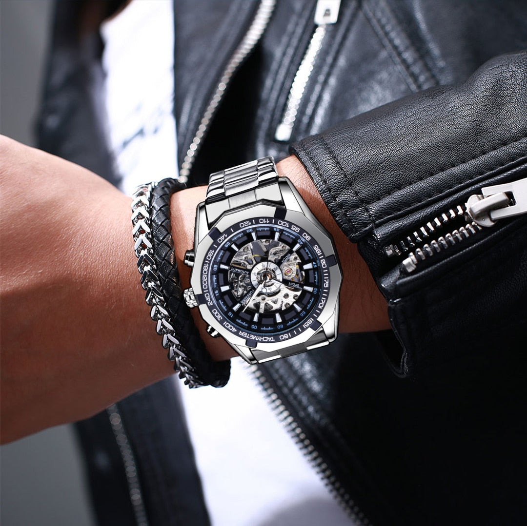 Stainless Steel Waterproof Mens Skeleton Watches Top Brand Luxury Transparent Mechanical Sport