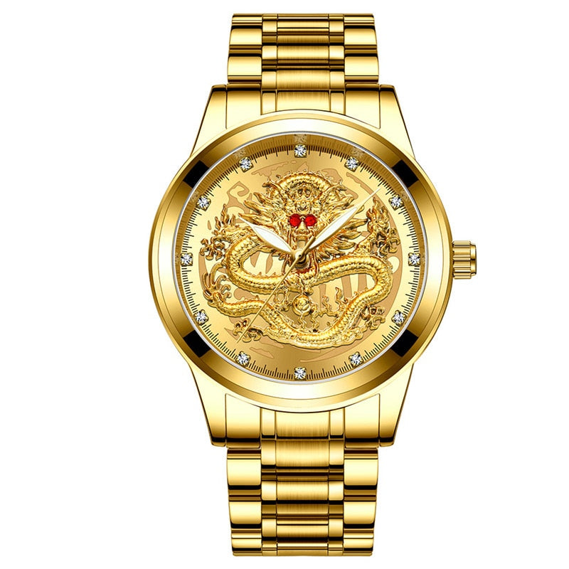 Chinese Dragon Golden Men's Watch, Business, Full Steel, Quartz.