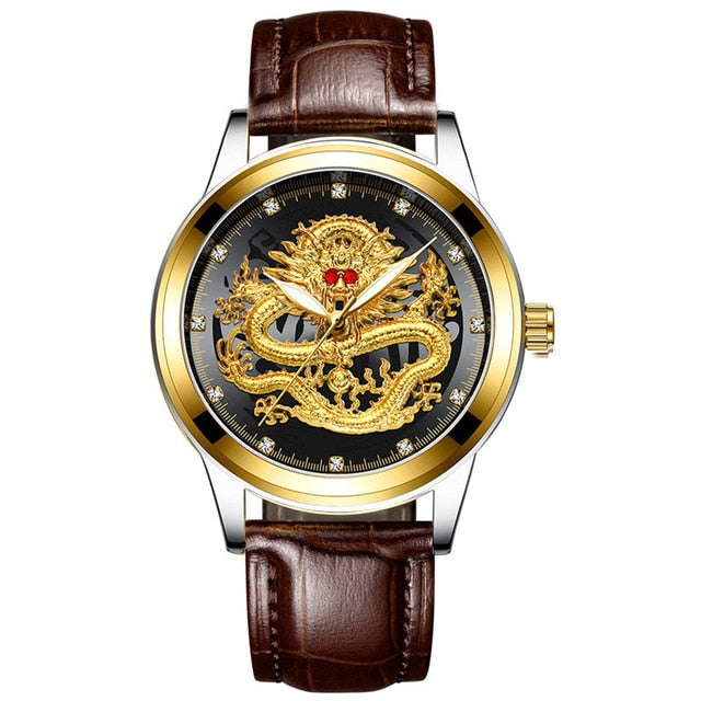 Chinese Dragon Golden Men's Watch, Business, Full Steel, Quartz.