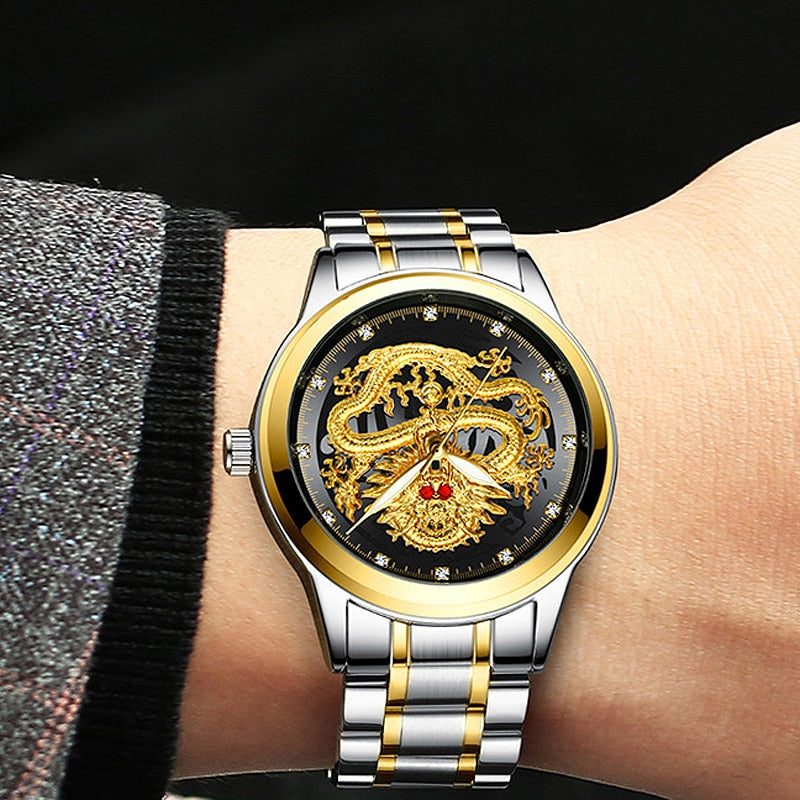 Chinese Dragon Golden Men's Watch, Business, Full Steel, Quartz.