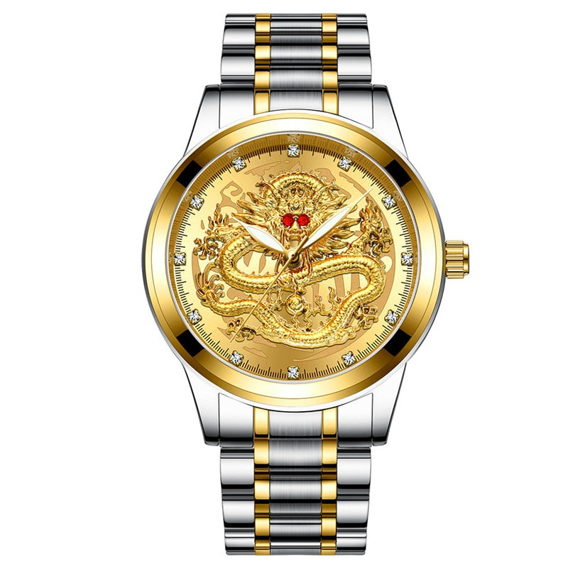 Chinese Dragon Golden Men's Watch, Business, Full Steel, Quartz.