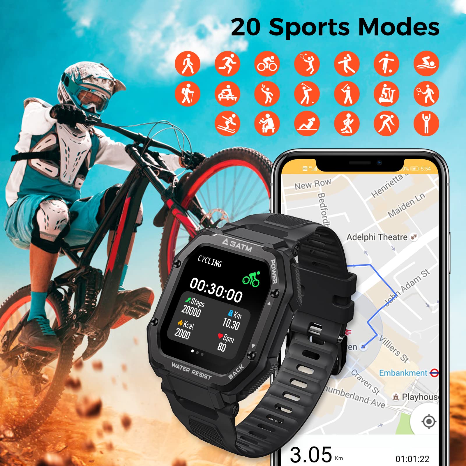 KOSPET ROCK Rugged Smartwatch Outdoor Sports Fitness Tracker 24h Blood Oxygen Monitor, Waterproof.