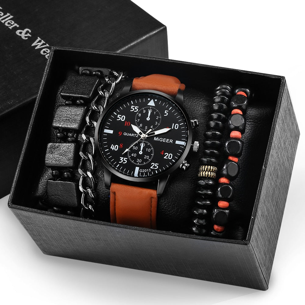 Men's Watch Gift Set, Business Fashion. Quartz Wrist Watch, Luxury Brown Leather Strap.