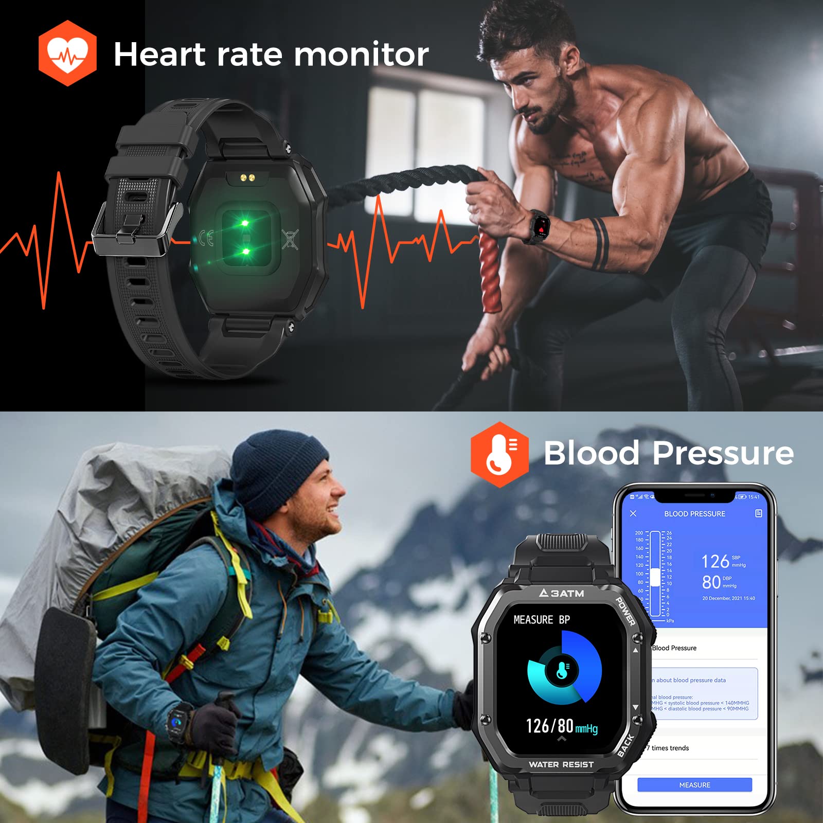 KOSPET ROCK Rugged Smartwatch Outdoor Sports Fitness Tracker 24h Blood Oxygen Monitor, Waterproof.