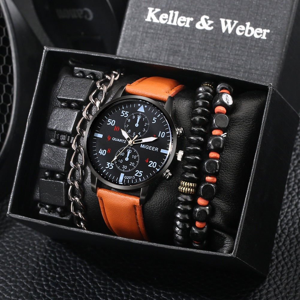 Men's Watch Gift Set, Business Fashion. Quartz Wrist Watch, Luxury Brown Leather Strap.