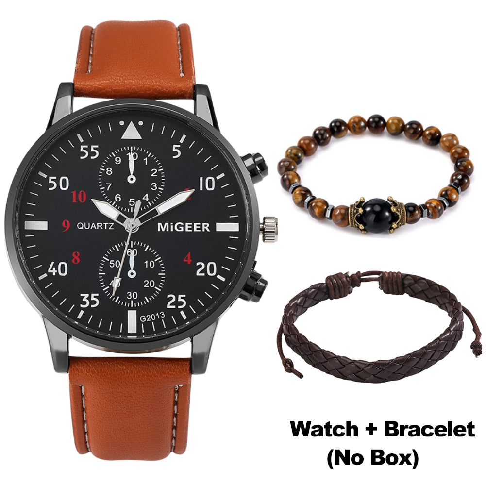 Men's Watch Gift Set, Business Fashion. Quartz Wrist Watch, Luxury Brown Leather Strap.