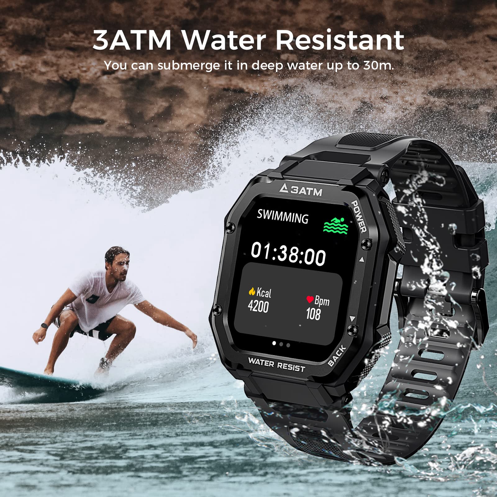 KOSPET ROCK Rugged Smartwatch Outdoor Sports Fitness Tracker 24h Blood Oxygen Monitor, Waterproof.